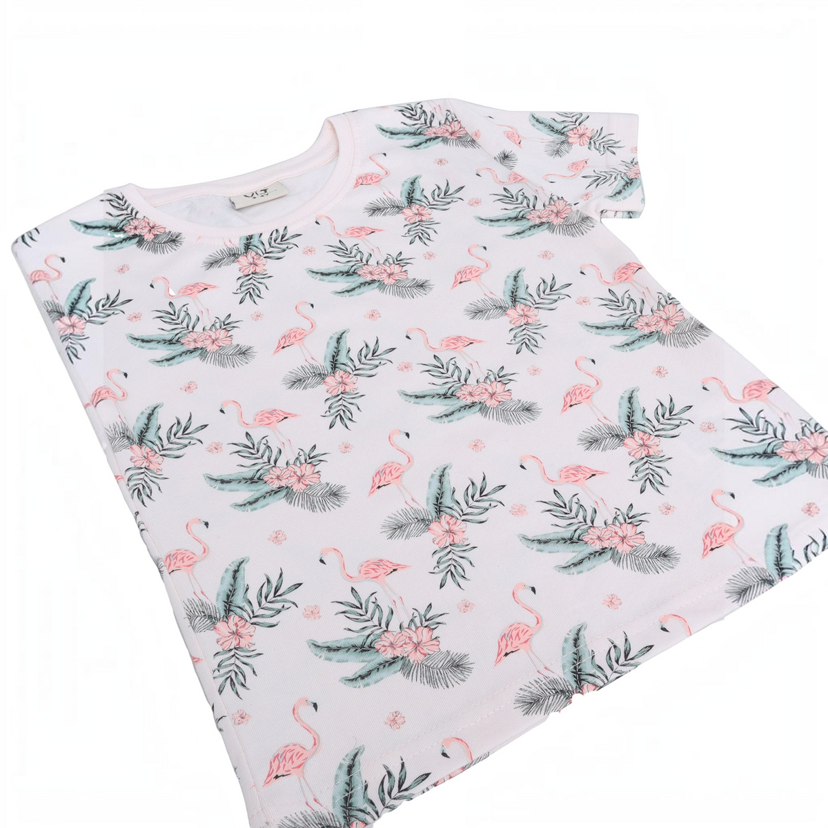 victor and jane girls short sleeve t-shirt in light pink with a tropical flamingo and floral print pattern