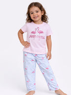 Girls Flamingo Print Cotton Pajama Set “ T-Shirt & Full Pants Nightwear