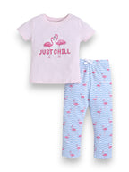 Girls Flamingo Print Cotton Pajama Set “ T-Shirt & Full Pants Nightwear