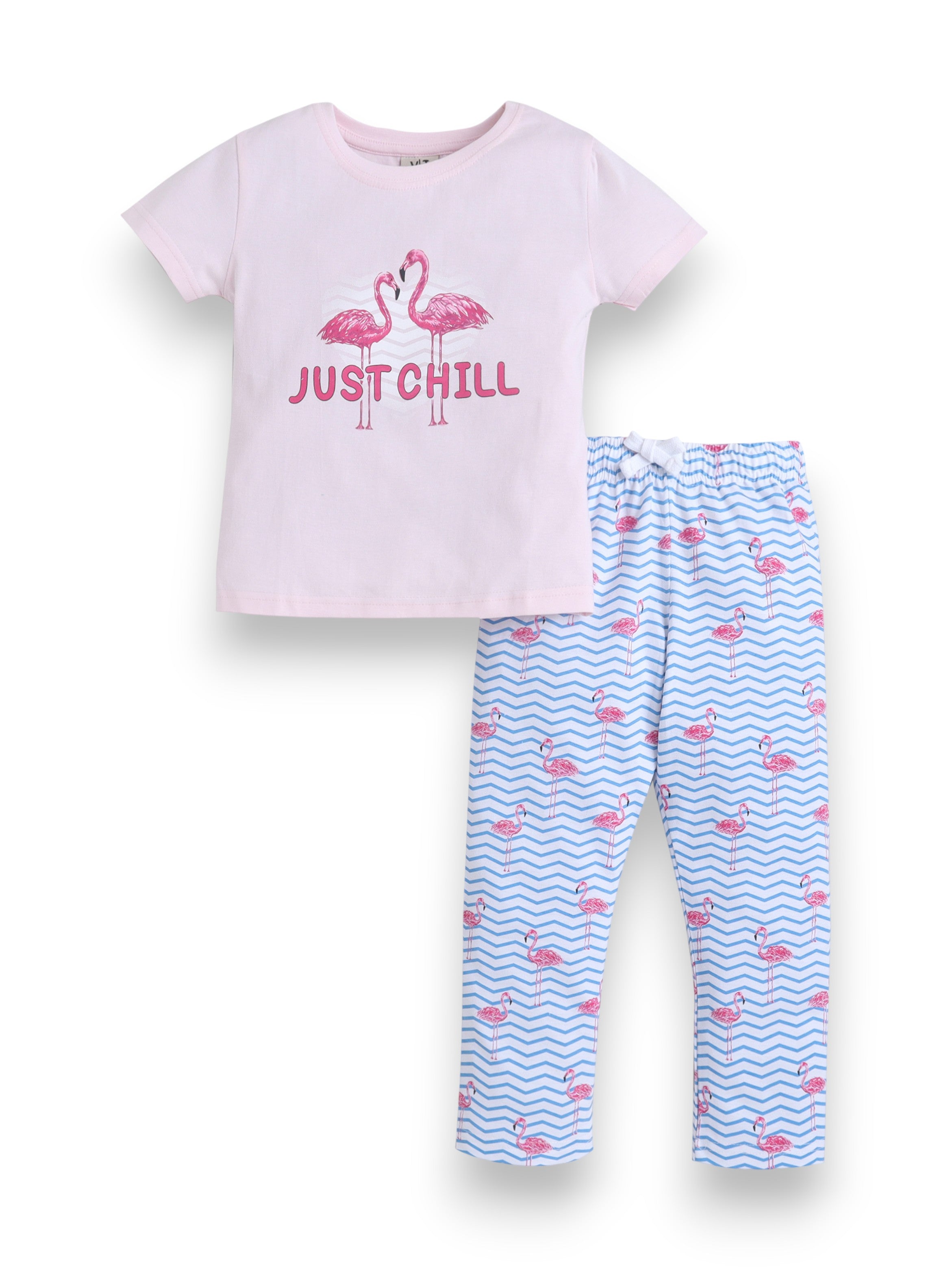 Girls Flamingo Print Cotton Pajama Set “ T-Shirt & Full Pants Nightwear