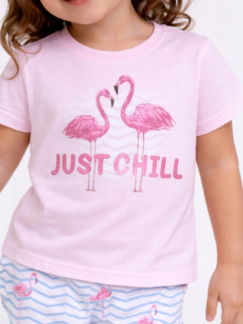 Girls Flamingo Print Cotton Pajama Set “ T-Shirt & Full Pants Nightwear