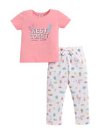 Girls West Coast Print Cotton Pajama Set “ T-Shirt & Full Pants Nightwear