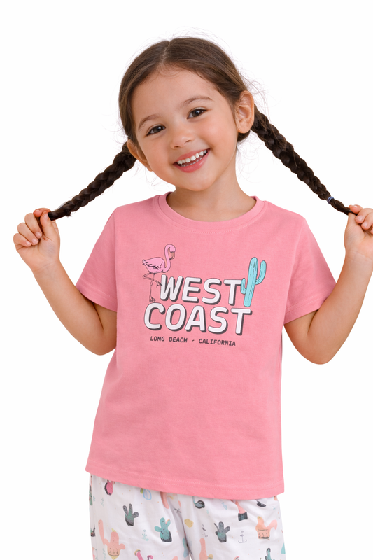 Girls West Coast Print Cotton Pajama Set “ T-Shirt & Full Pants Nightwear