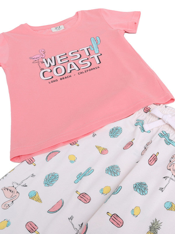 Girls West Coast Print Cotton Pajama Set “ T-Shirt & Full Pants Nightwear
