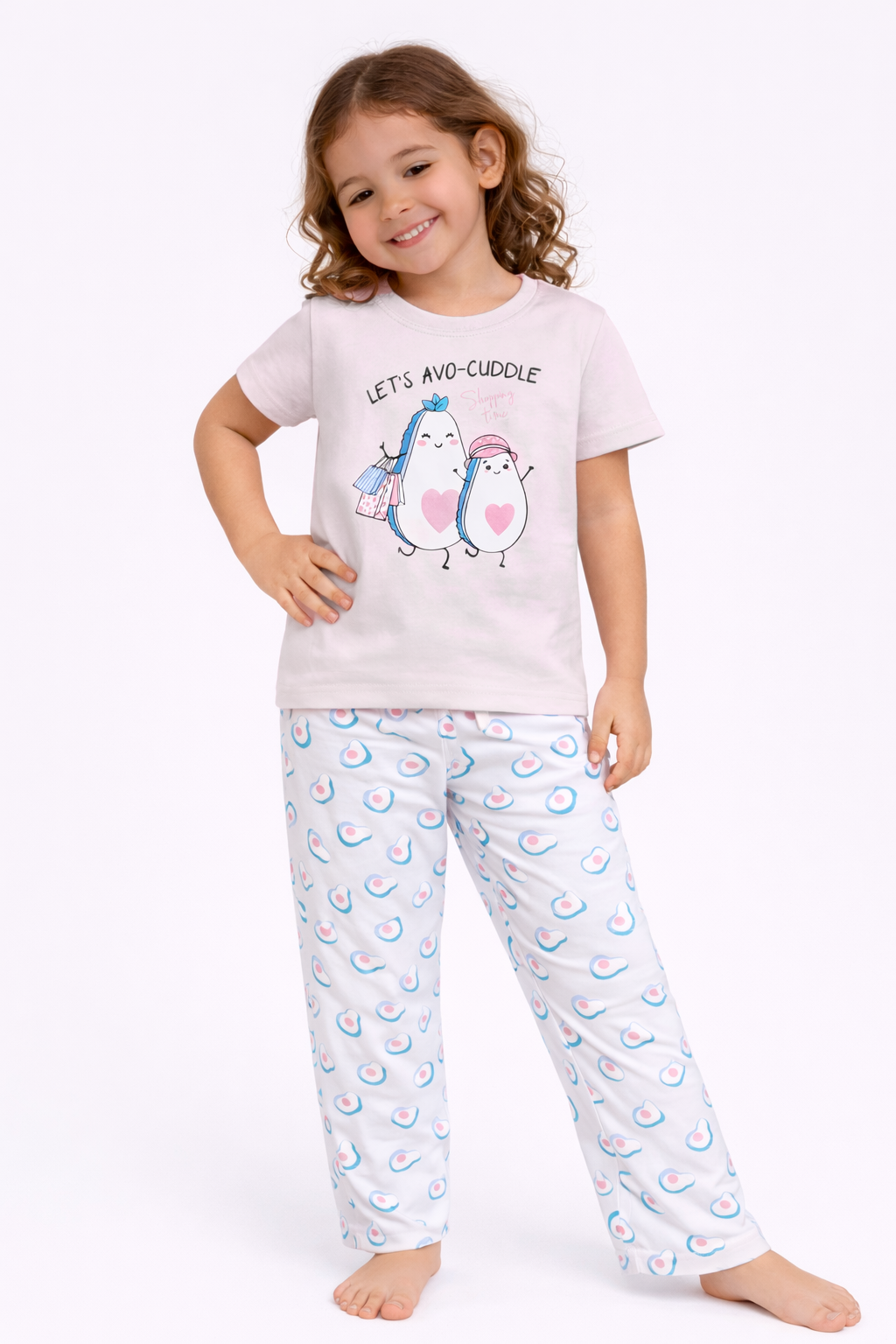 Girls Avocado Print Cotton Pajama Set “ T-Shirt & Full Pants Nightwear