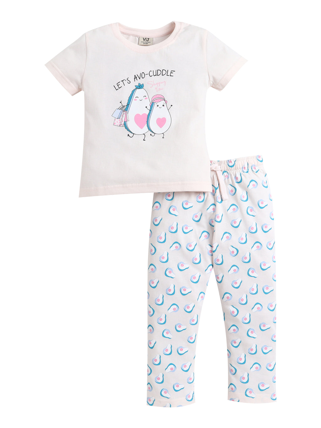 Girls Avocado Print Cotton Pajama Set “ T-Shirt & Full Pants Nightwear