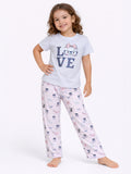 Girls Cat Œlove” Print Cotton Pajama Set “ T-Shirt & Full Pants Nightwear