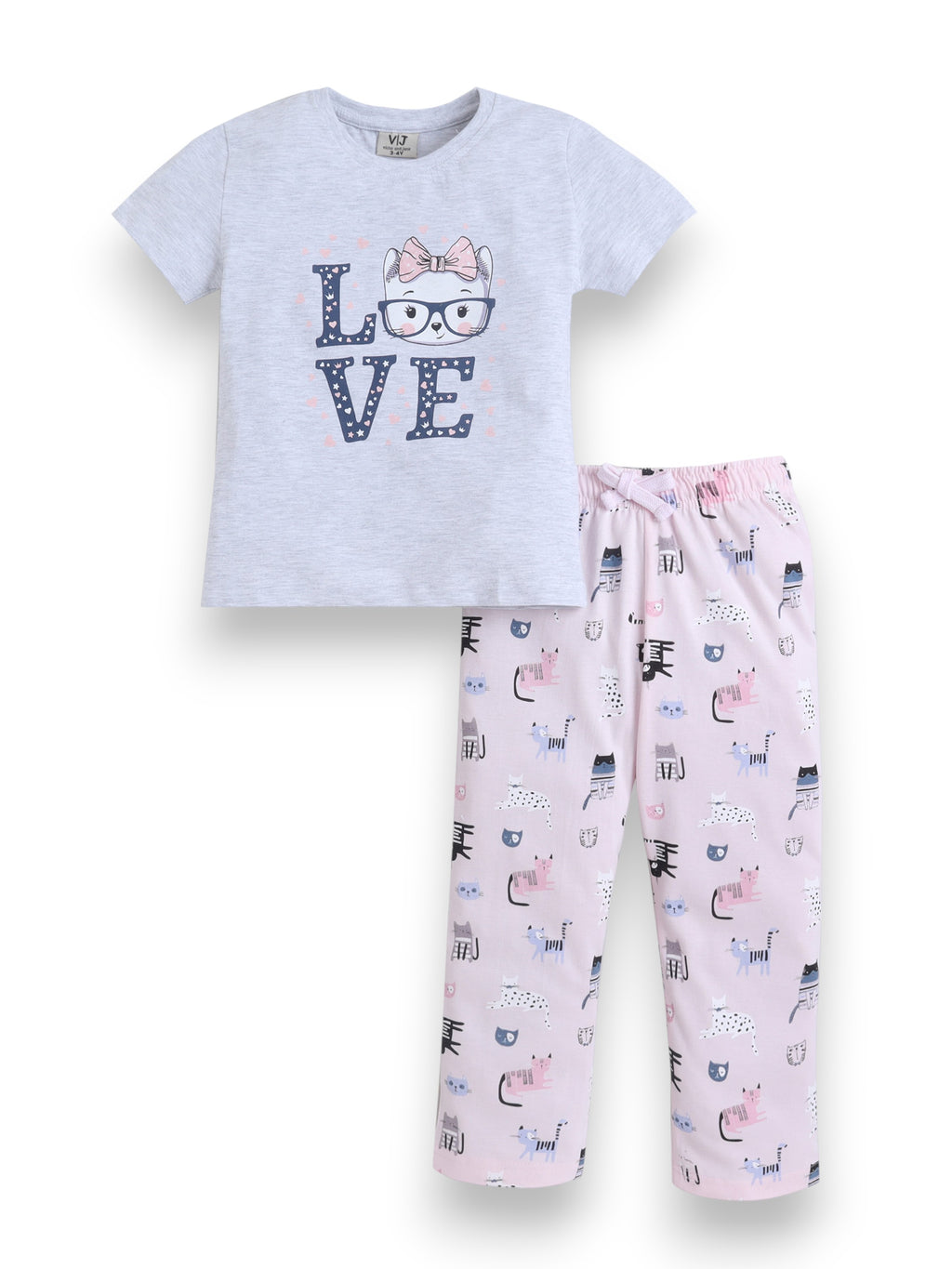Girls Cat Œlove” Print Cotton Pajama Set “ T-Shirt & Full Pants Nightwear