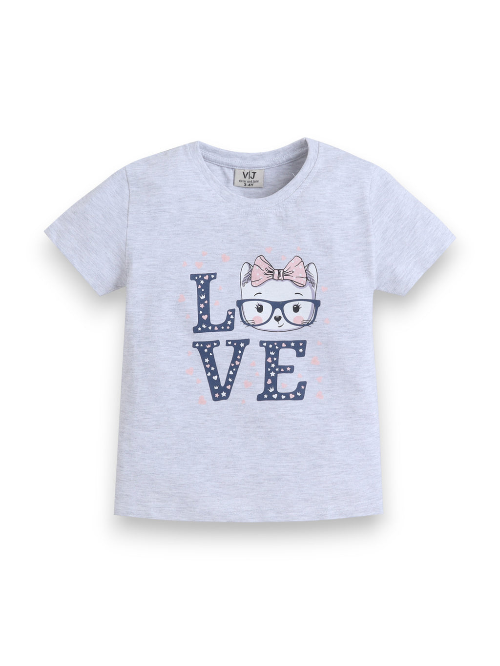 Girls Cat Œlove” Print Cotton Pajama Set “ T-Shirt & Full Pants Nightwear