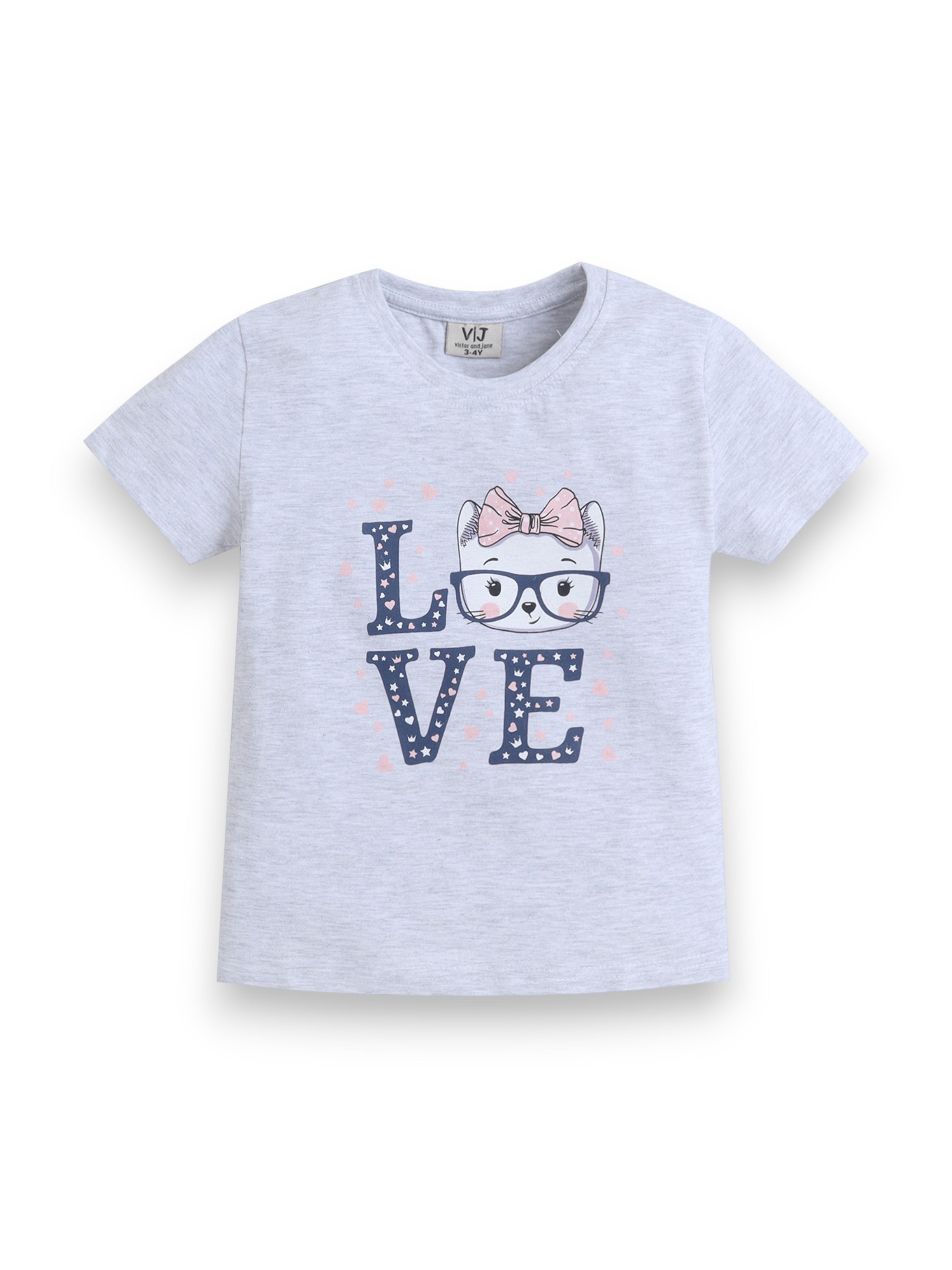 Girls Cat Œlove” Print Cotton Pajama Set “ T-Shirt & Full Pants Nightwear