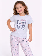 Girls Cat Œlove” Print Cotton Pajama Set “ T-Shirt & Full Pants Nightwear