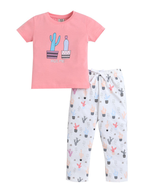 Girls Cactus Print Cotton Pajama Set “ T-Shirt & Full Pants Nightwear