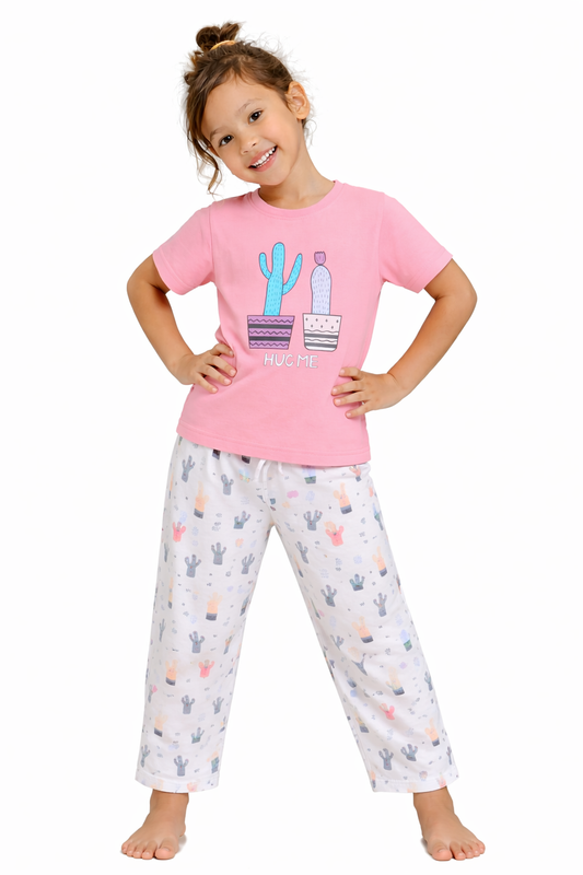 Girls Cactus Print Cotton Pajama Set “ T-Shirt & Full Pants Nightwear