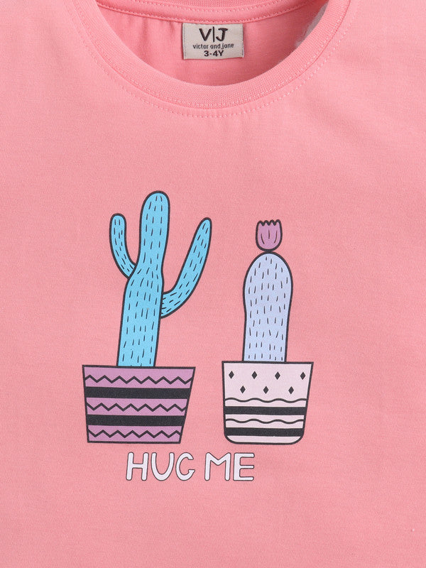 Girls Cactus Print Cotton Pajama Set “ T-Shirt & Full Pants Nightwear