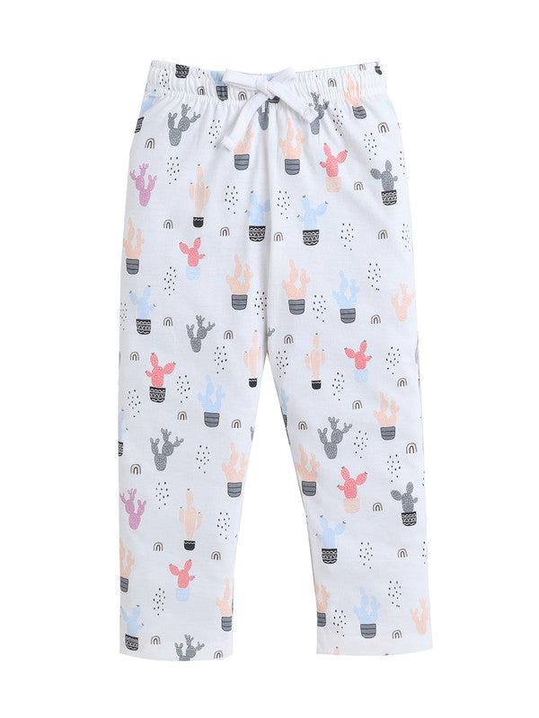 Girls Cactus Print Cotton Pajama Set “ T-Shirt & Full Pants Nightwear