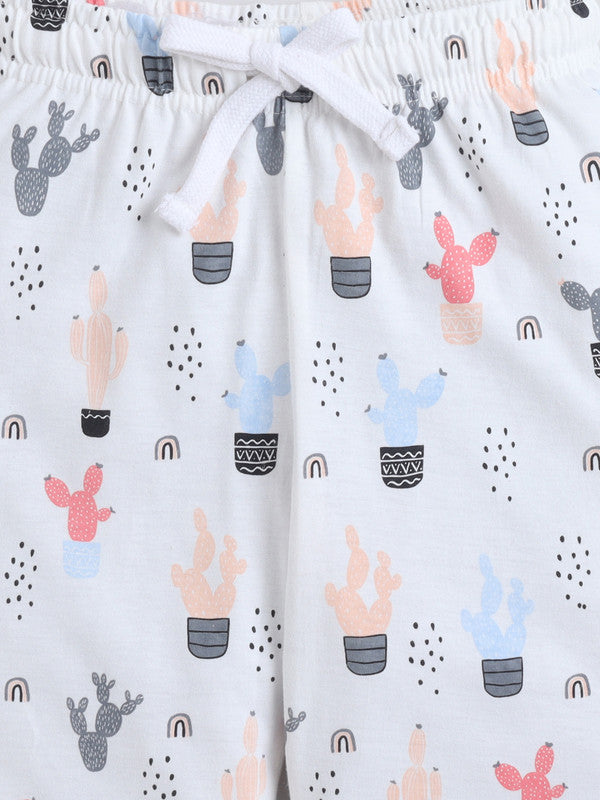 Girls Cactus Print Cotton Pajama Set “ T-Shirt & Full Pants Nightwear