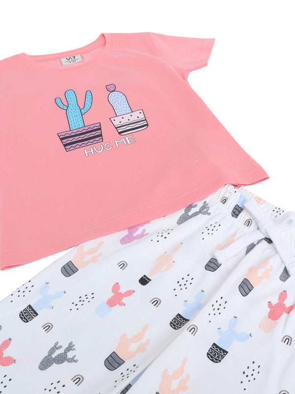 Girls Cactus Print Cotton Pajama Set “ T-Shirt & Full Pants Nightwear