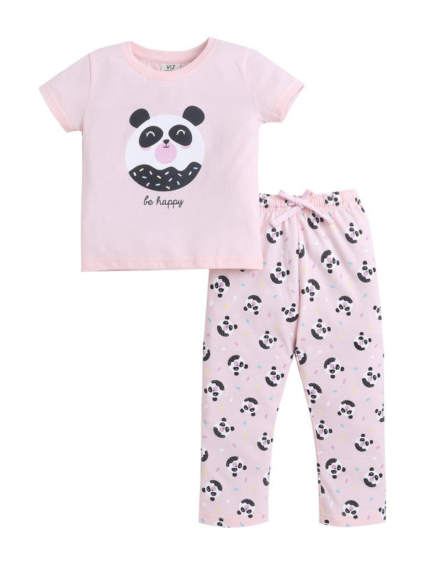 Girls Panda Print Cotton Pajama Set “ T-Shirt & Full Pants Nightwear