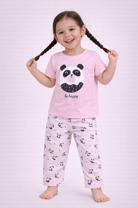 Girls Panda Print Cotton Pajama Set “ T-Shirt & Full Pants Nightwear