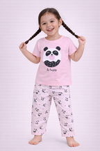 Girls Panda Print Cotton Pajama Set “ T-Shirt & Full Pants Nightwear
