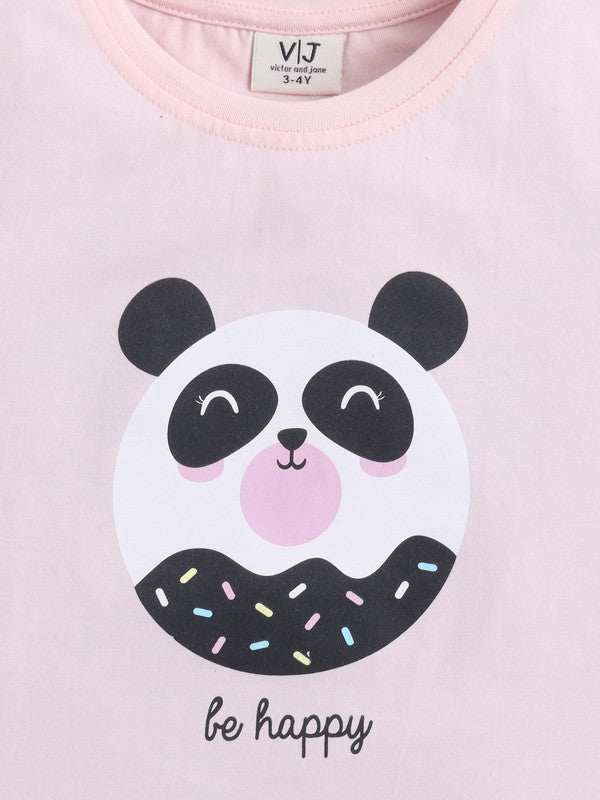Girls Panda Print Cotton Pajama Set “ T-Shirt & Full Pants Nightwear