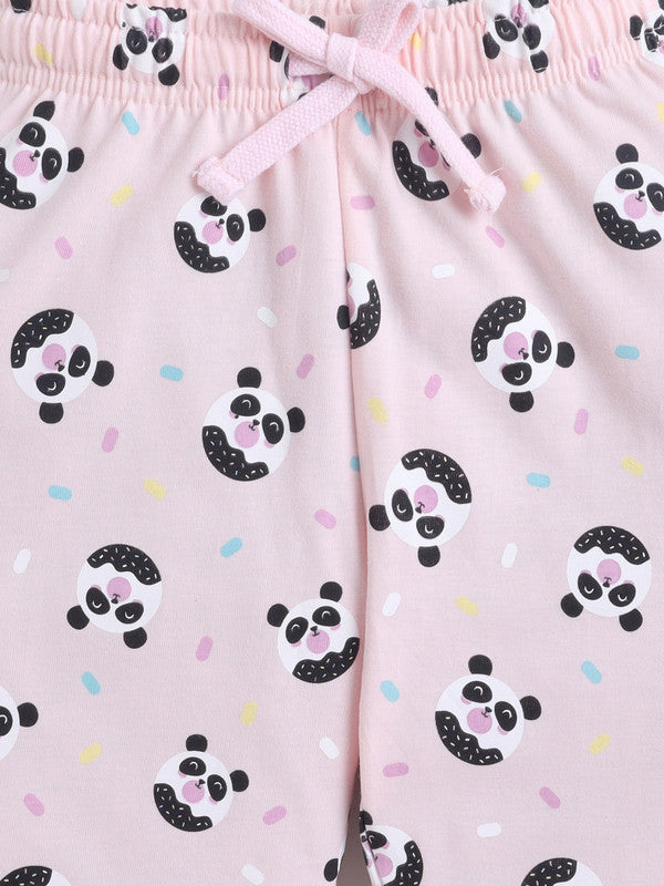 Girls Panda Print Cotton Pajama Set “ T-Shirt & Full Pants Nightwear