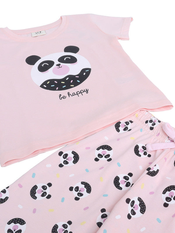 Girls Panda Print Cotton Pajama Set “ T-Shirt & Full Pants Nightwear