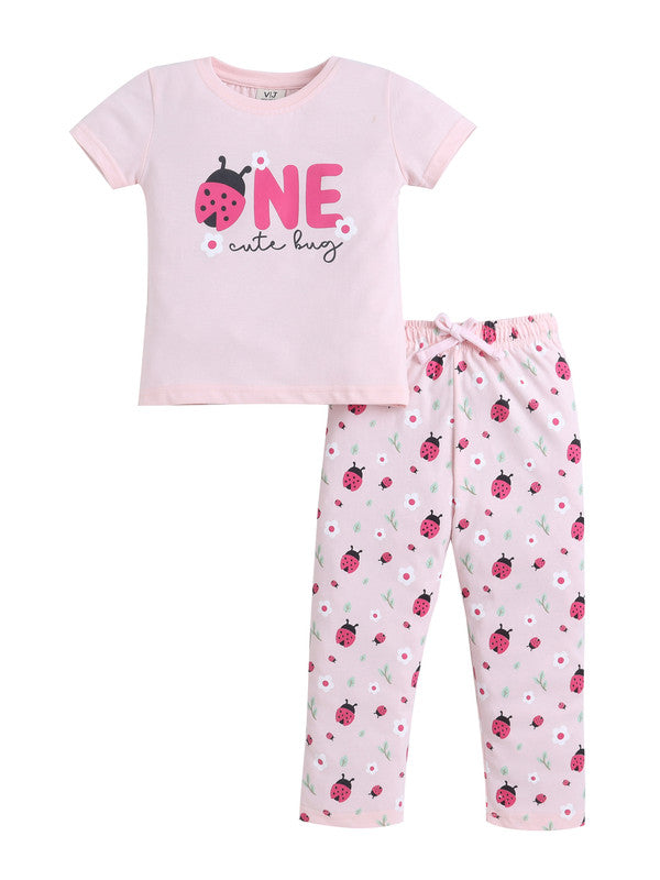 Girls Ladybug Œone” Print Cotton Pajama Set “ T-Shirt & Full Pants Nightwear