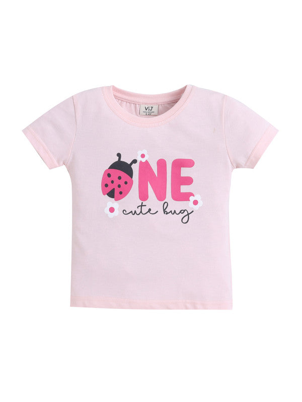 Girls Ladybug Œone” Print Cotton Pajama Set “ T-Shirt & Full Pants Nightwear