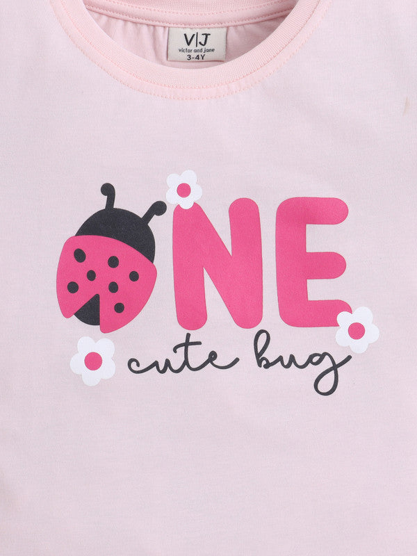Girls Ladybug Œone” Print Cotton Pajama Set “ T-Shirt & Full Pants Nightwear