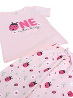 Girls Ladybug Œone” Print Cotton Pajama Set “ T-Shirt & Full Pants Nightwear