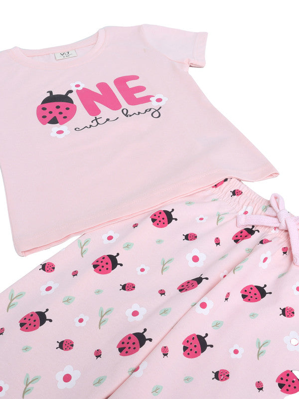 Girls Ladybug Œone” Print Cotton Pajama Set “ T-Shirt & Full Pants Nightwear