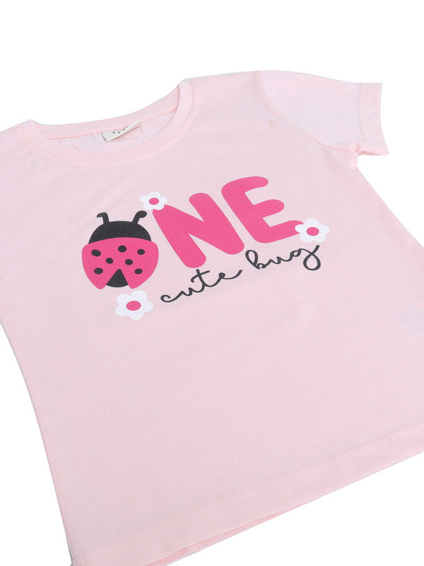 Girls Ladybug Œone” Print Cotton Pajama Set “ T-Shirt & Full Pants Nightwear