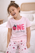 Girls Ladybug Œone” Print Cotton Pajama Set “ T-Shirt & Full Pants Nightwear