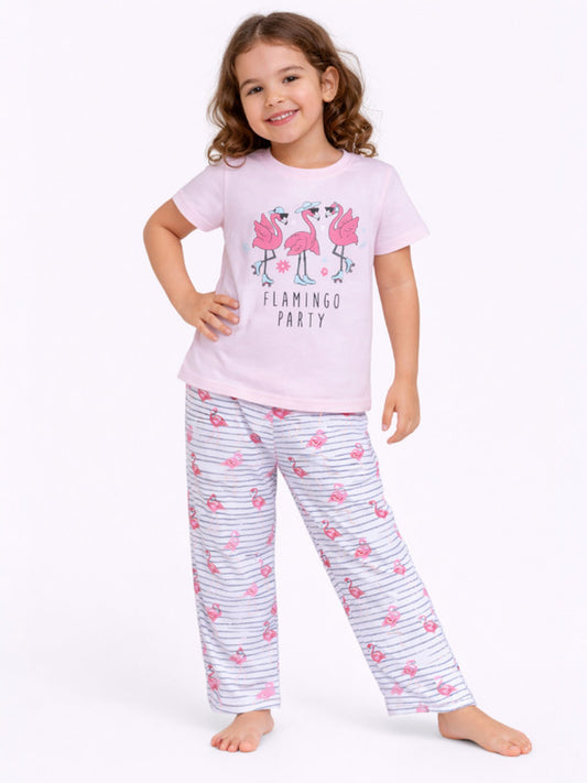 Girls Flamingo Print Cotton Pajama Set – T-Shirt & Full Pants Nightwear