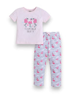 Girls Flamingo Print Cotton Pajama Set “ T-Shirt & Full Pants Nightwear