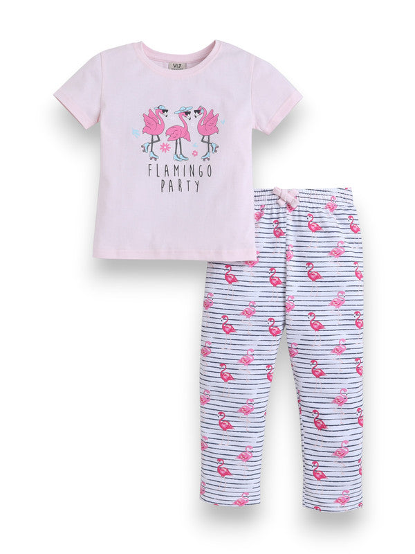 Girls Flamingo Print Cotton Pajama Set “ T-Shirt & Full Pants Nightwear