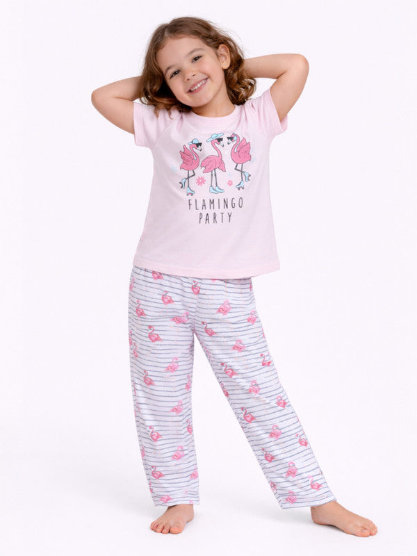Girls Flamingo Print Cotton Pajama Set “ T-Shirt & Full Pants Nightwear