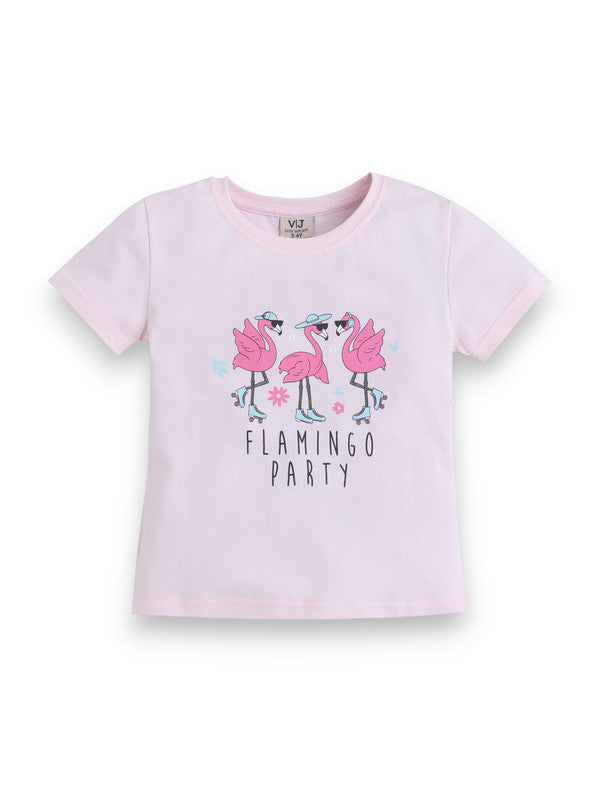 Girls Flamingo Print Cotton Pajama Set “ T-Shirt & Full Pants Nightwear