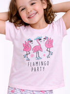 Girls Flamingo Print Cotton Pajama Set “ T-Shirt & Full Pants Nightwear