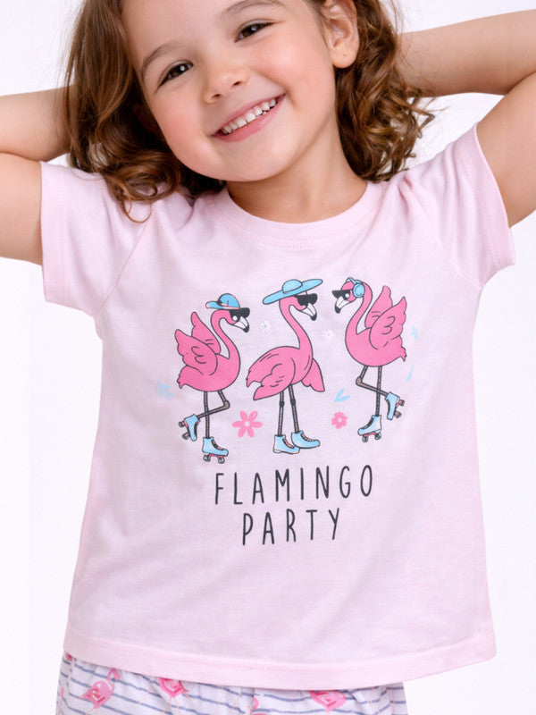 Girls Flamingo Print Cotton Pajama Set “ T-Shirt & Full Pants Nightwear