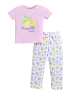 Girls Lemonade Print Cotton Pajama Set “ T-Shirt & Full Pants Nightwear