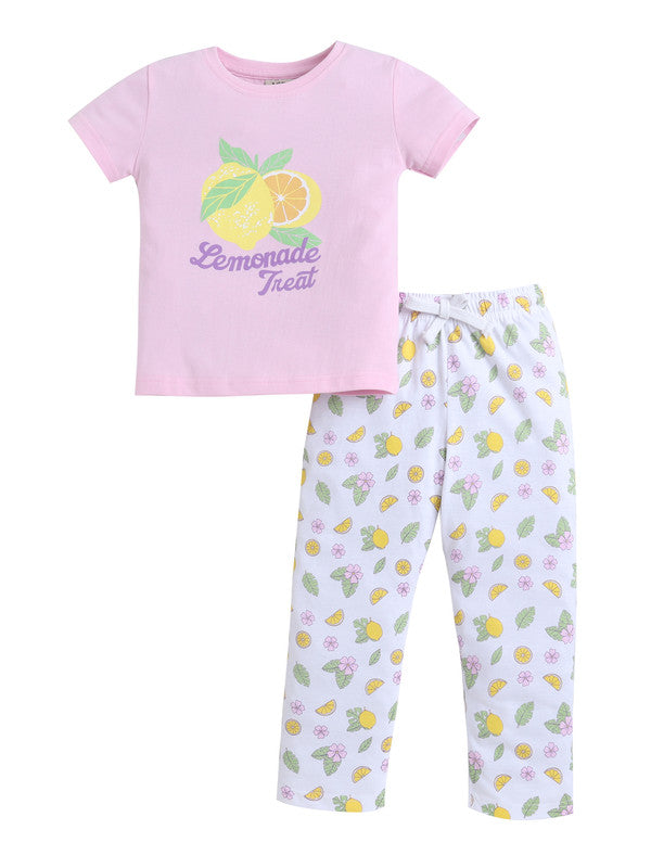 Girls Lemonade Print Cotton Pajama Set “ T-Shirt & Full Pants Nightwear