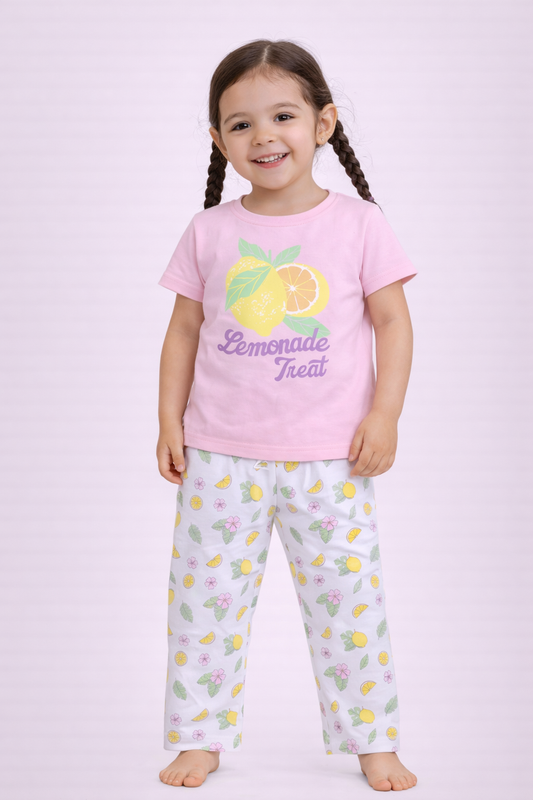 Girls Lemonade Print Cotton Pajama Set “ T-Shirt & Full Pants Nightwear