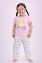 Girls Lemonade Print Cotton Pajama Set “ T-Shirt & Full Pants Nightwear