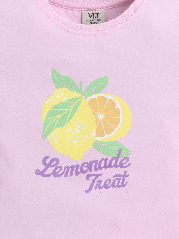 Girls Lemonade Print Cotton Pajama Set “ T-Shirt & Full Pants Nightwear