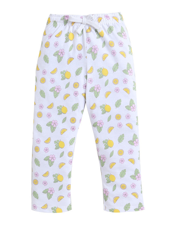 Girls Lemonade Print Cotton Pajama Set “ T-Shirt & Full Pants Nightwear