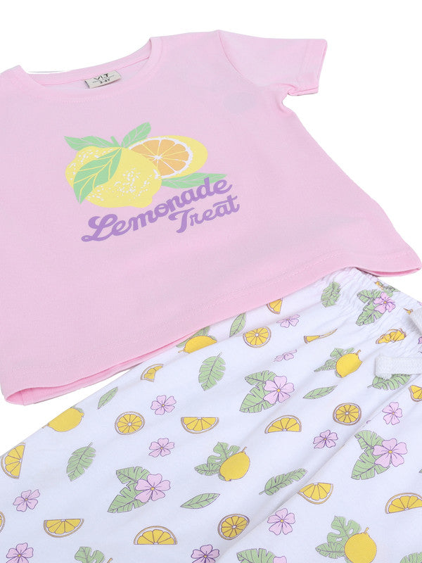 Girls Lemonade Print Cotton Pajama Set “ T-Shirt & Full Pants Nightwear