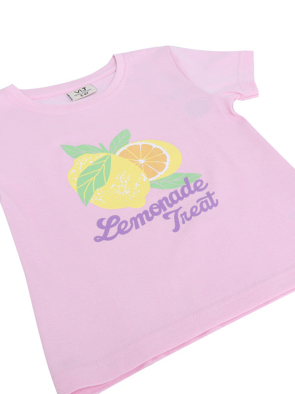 Girls Lemonade Print Cotton Pajama Set “ T-Shirt & Full Pants Nightwear
