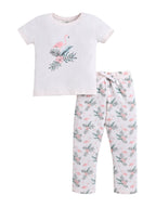 Girls Flamingo Print Cotton Pajama Set “ T-Shirt & Full Pants Nightwear